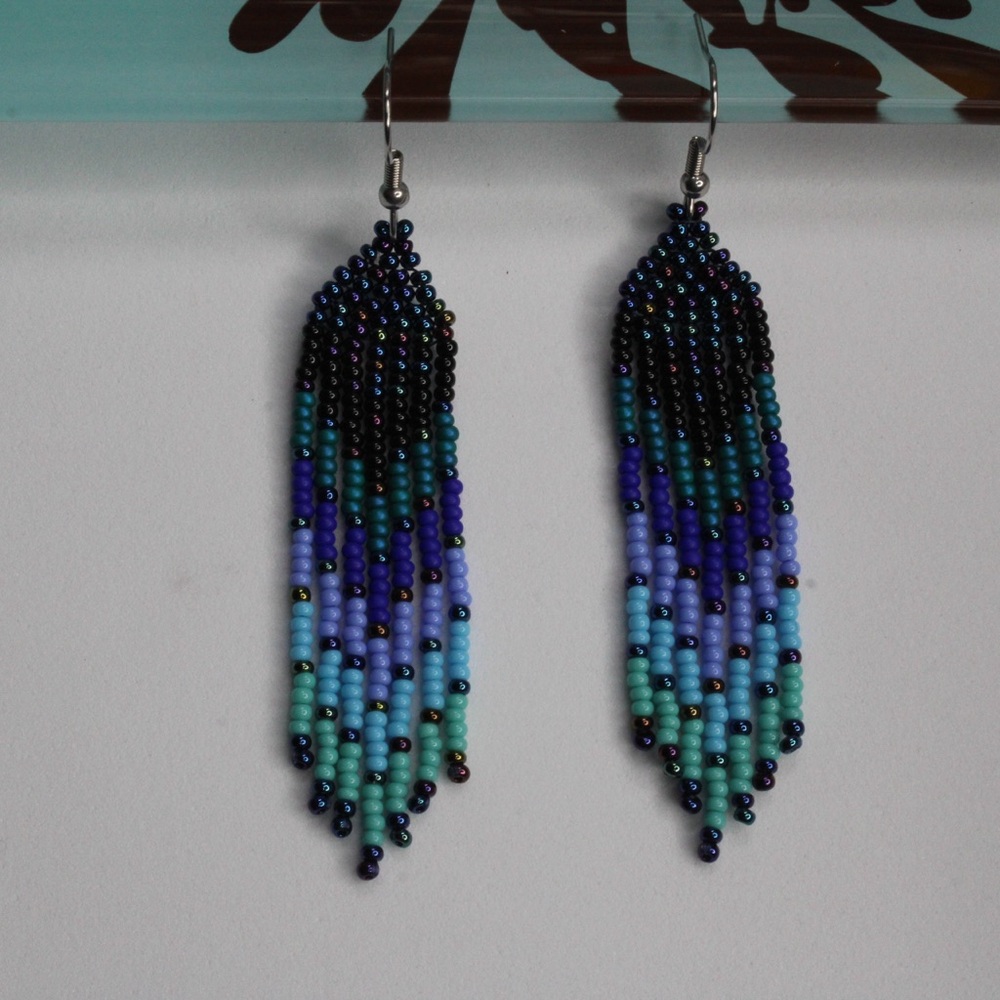 Handmade‎ Seed Beaded Earrings 5 Shades Of Blue Iridescent Earrings 2.5” Long